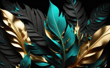 dark blue textured 3D background frame with golden green and blue tropical leaves