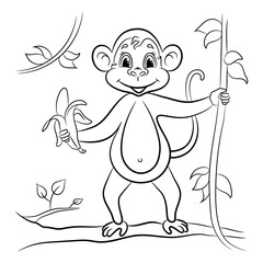 The monkey is holding a banana. Coloring book for children. Vector image.