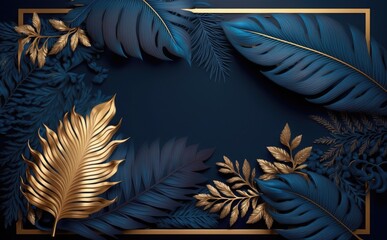 dark blue textured 3D background frame with golden green and blue tropical leaves