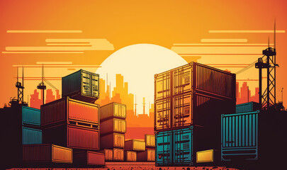 Fototapeta premium Container Yard at Sunset with warm lightning and sun particles, generative ai