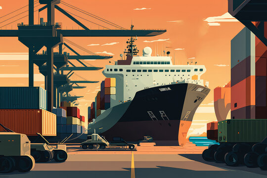 Container Yard with a Cargo Ship in the Background, generative ai