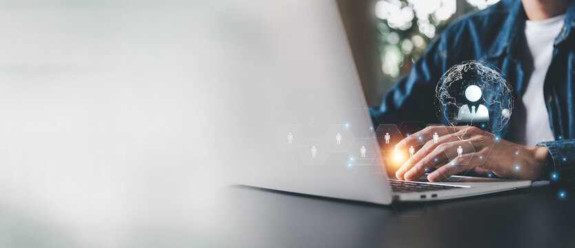 Customer Relationship Management ,Businessman hold of global structure , Data exchanges development. customer service, social media, digital marketing online