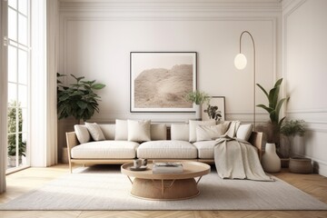 White living room wall mockup with leather couch and accessories. Generative AI
