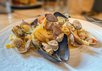 Scialatielli pasta with clams, cockles and mussels, Italy sea food