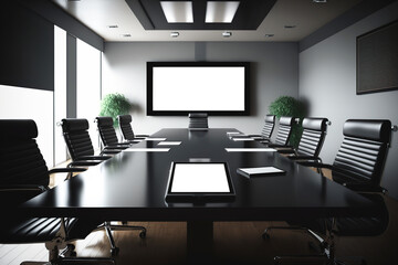 Conference room with a large and long table, documents,
tablet and screen mockup, place for text, dark interior. AI generated