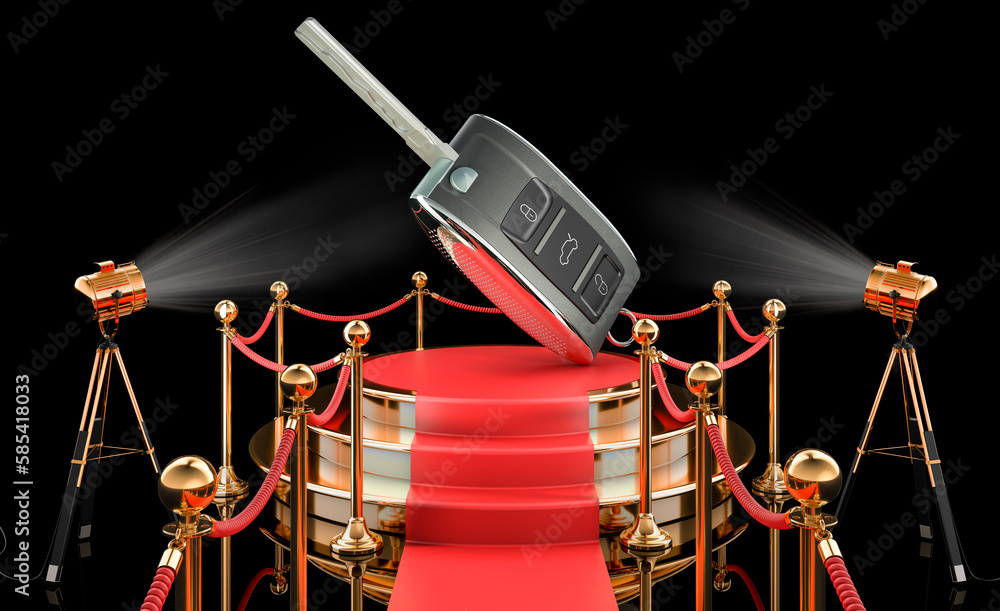 Poster podium with car key. 3d rendering