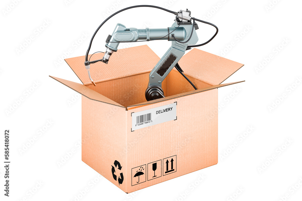 Poster robot welding inside cardboard box, delivery concept. 3d rendering