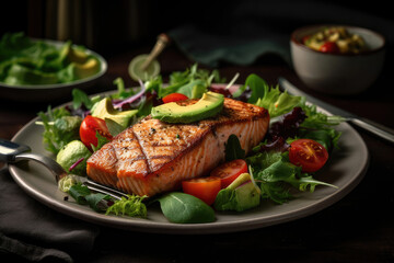 Grilled salmon fish fillet and fresh green lettuce vegetable tomato salad with avocado guacamole Generative AI