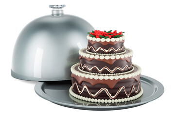 Restaurant cloche with Chocolate Birthday Cake, 3D rendering