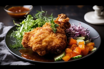  fried chicken with vegetable sauce and salad Generative AI