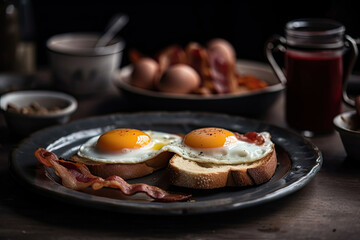 English breakfast with fried eggs, bacon, sausages, beans, toasts and fresh salad Generative AI