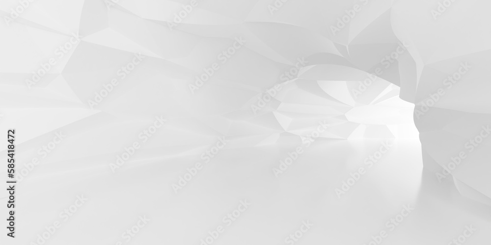 Poster white empty abstract tunnel or corridor background, walls with large polygon geometry pattern, lit f