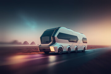 Futuristic self-driving cyber van on the road with motion blur and copy space for text. Modern, minimalist design, sustainable technology with artificial intelligence. Generative AI.