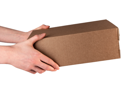Hand holding cardboard box, giving carton package isolated on white