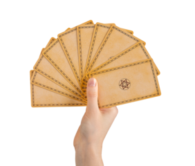 Hand holding tarot cards with back view, backside design isolated on white background