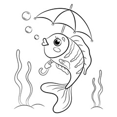 Fish under an umbrella. Baby vector illustration. Coloring.