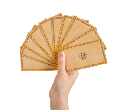Hand holding tarot cards with back view, backside design isolated on white background