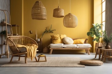 Fototapeta na wymiar White and yellow Japanese living room with copy space. Sofa and hanging chair. Wabi sabi decor,. Generative AI