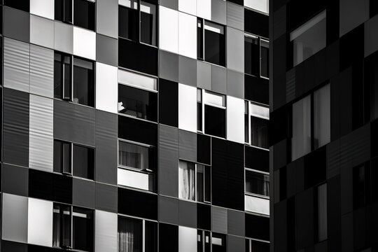 Abstract image of building facade. Architecture detail on exterior building wall. Light and shadow on building wall. Architectural detail and design. Black and white and abstract , Generative AI
