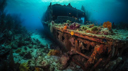 Naklejka na ściany i meble midjourney generated image of a shipwreck in the underwater world