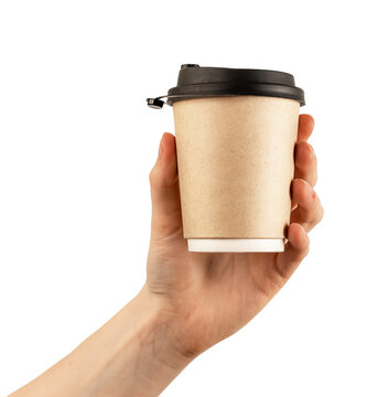 Hand Holding Takeaway Cup Mockup, Cardboard Paper Takeout Coffee Mug With Black Lid Isolated On White