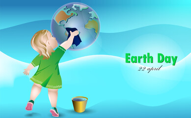 Little girl washes the globe. The concept of ecology. Background to Earth Day. Vector illustration