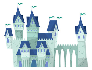 Fairytale castle with towers and stone bridge in cartoon style