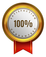 Satisfaction guarantee badge with red ribbon. High quality label