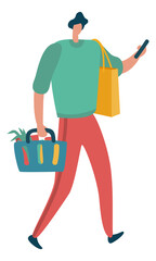 Person carrying groceries and holding phone. Modern consumer