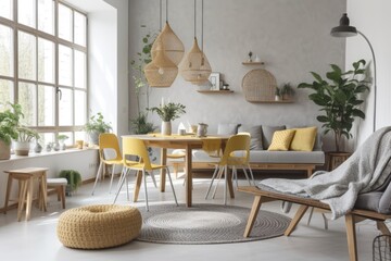 Gray couch, wooden tables, white chairs, and plants in open living dining area. Real picture. Generative AI