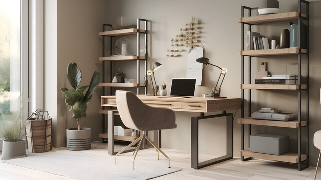 Image of a stylish home office, with a functional and organized workspace