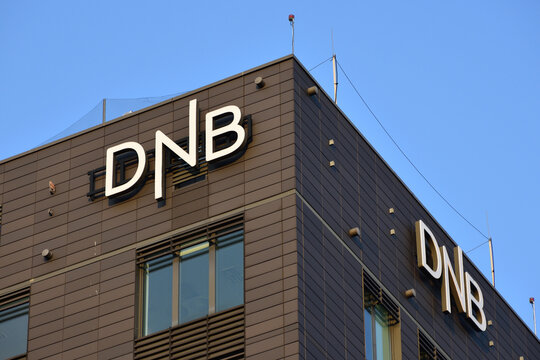 DNB bank sign, logo, symbol on the facade of DNB Bank Polska S.A. WARSAW, POLAND - SEPTEMBER 11, 2020