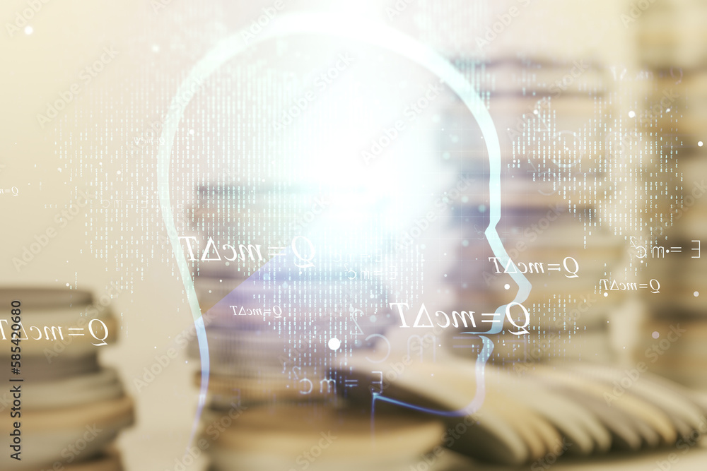 Poster abstract virtual artificial intelligence concept with human head sketch on coins background. double 