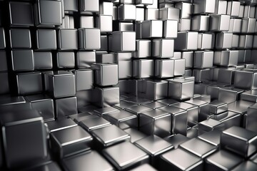 3D Tiles arranged to create a Square wall. Luxurious, Polished Background formed from Silver blocks. 3D Render, Generative AI