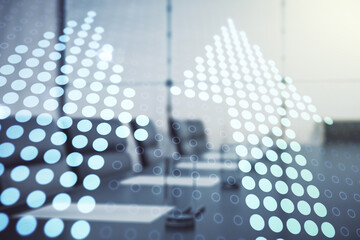 Double exposure of abstract virtual upward arrows hologram on a modern meeting room background. Ambition and challenge concept