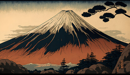a ukiyoe of Mount Fuji,Generative AI - obrazy, fototapety, plakaty