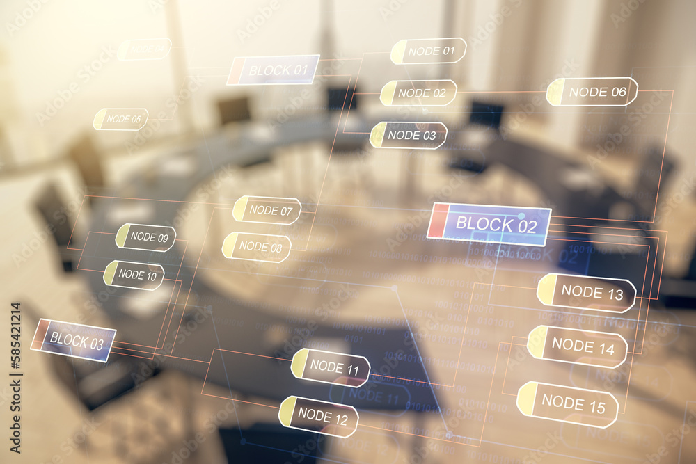 Poster double exposure of abstract programming language interface on a modern meeting room background, rese