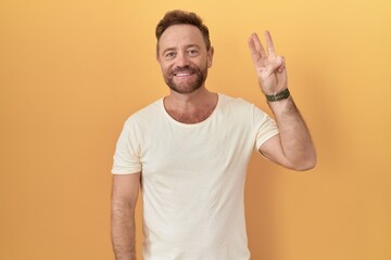 Middle age man with beard standing over yellow background showing and pointing up with fingers number three while smiling confident and happy.