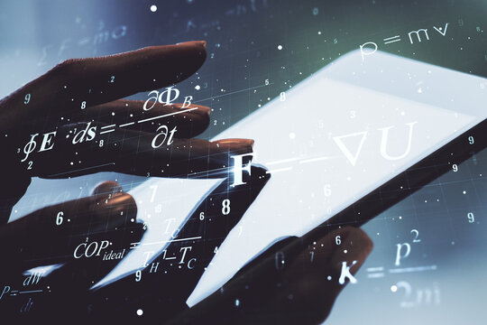 Creative scientific formula hologram and hand working with a digital tablet on background, research concept. Multiexposure - Powered by Adobe
