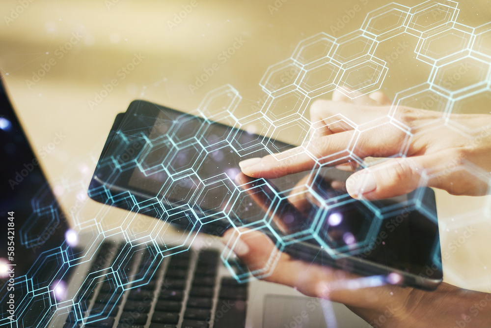 Aufkleber creative concept of wireless technology with hexagon hologram and finger clicks on a digital tablet 