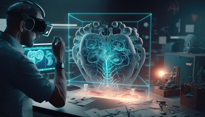 Futuristic Medical Research Laboratory: Research Scientist Wearing Virtual Reality Headset, Does Augmented Reality Research of Bacteria Genome, Using Gestures. AI Biotechnology Research in Progress