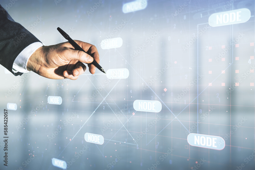 Poster male hand with pen working with abstract virtual coding concept on blurred office background. multie