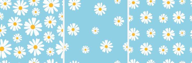 A set of patterns with daisies on a blue background