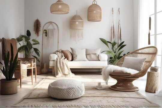 Boho living room with white wall, wicker chair, couch, table, and pampas in pot. Generative AI