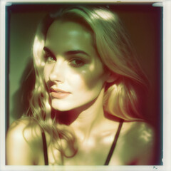 Naklejka premium 90s retro polaroid photograph of blonde woman in dappled light, made with generative ai
