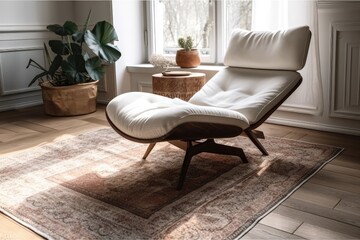 Carpet, parquet, comfy lounge chair. Bright apartment interior design idea. Generative AI