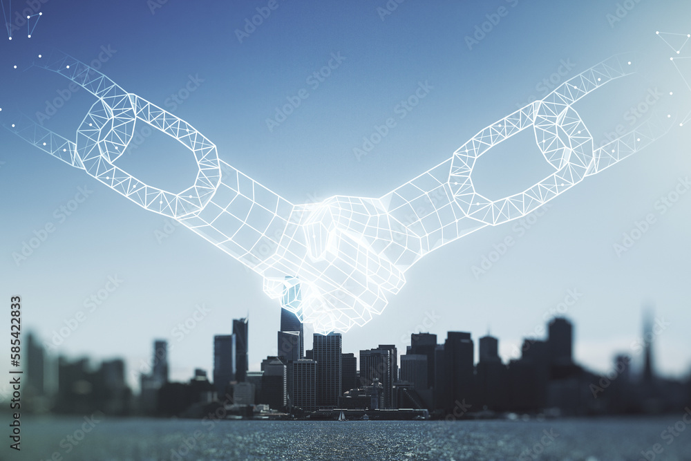Poster abstract virtual blockchain technology hologram with handshake on san francisco skyline background. 