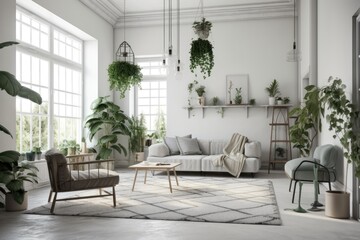 White walled living room with sofas and plants. Generative AI