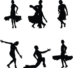 set dancing couples in dance sports black silhouette on white background, sports vector illustration