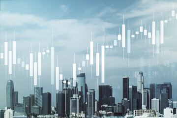 Abstract virtual financial graph hologram on Los Angeles cityscape background, financial and trading concept. Multiexposure